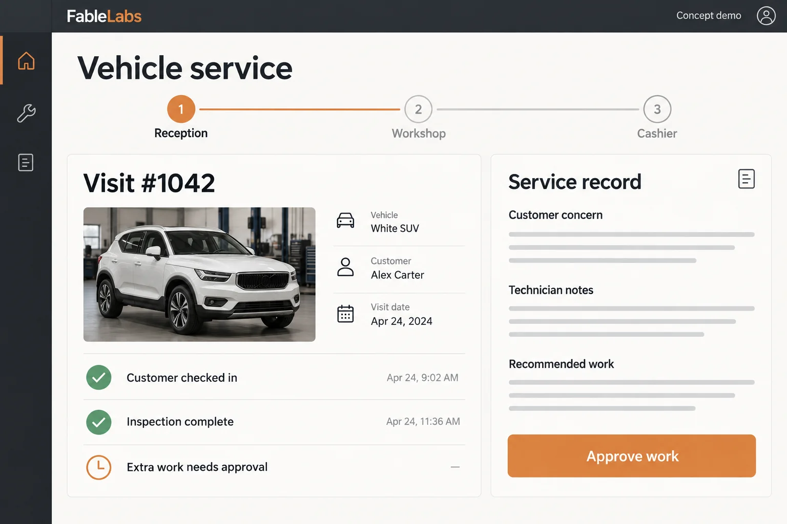 Workspace concept — Reception, workshop and cashier use the same service record.