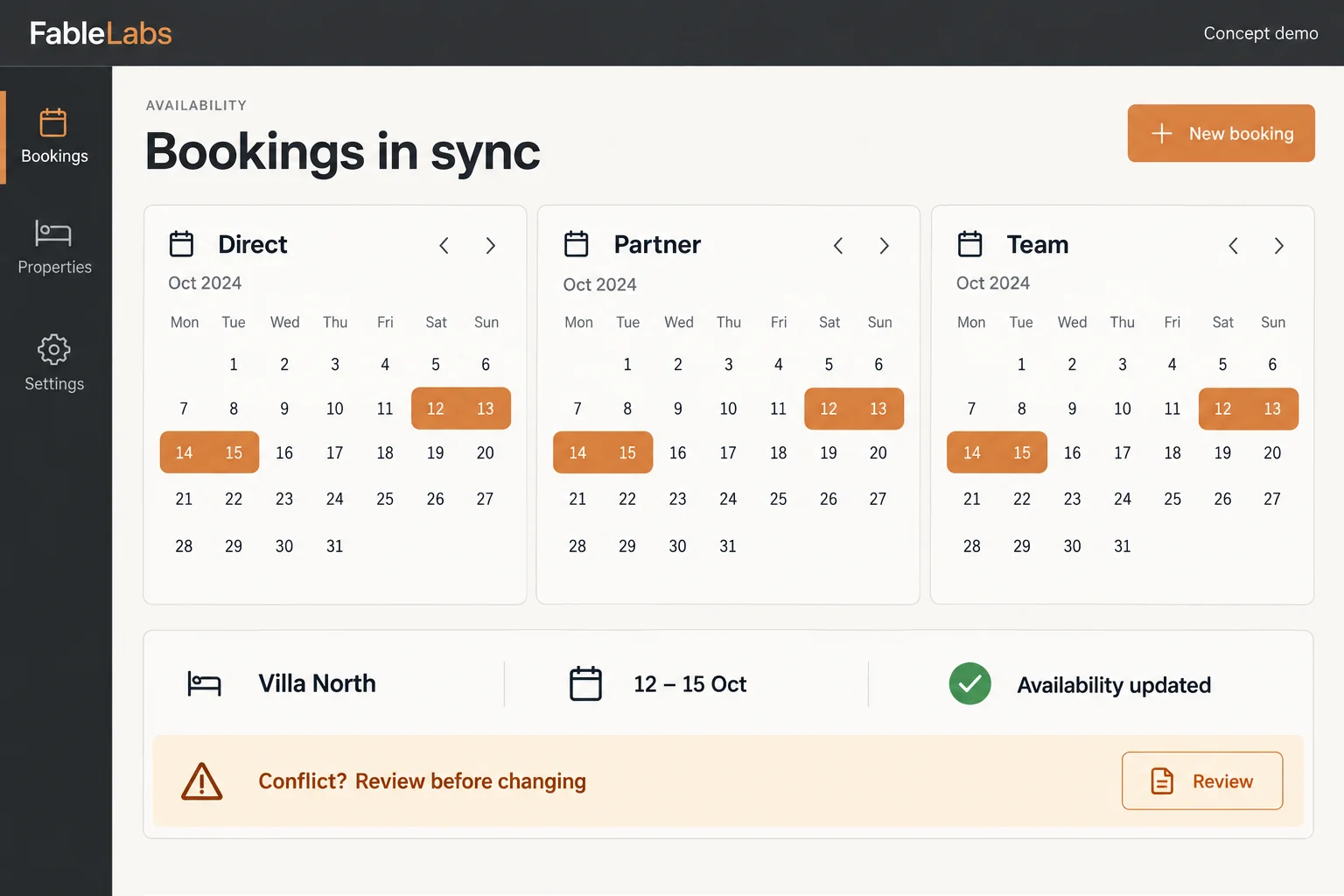 Workspace concept — One reservation updates availability. A conflict stays visible for review.