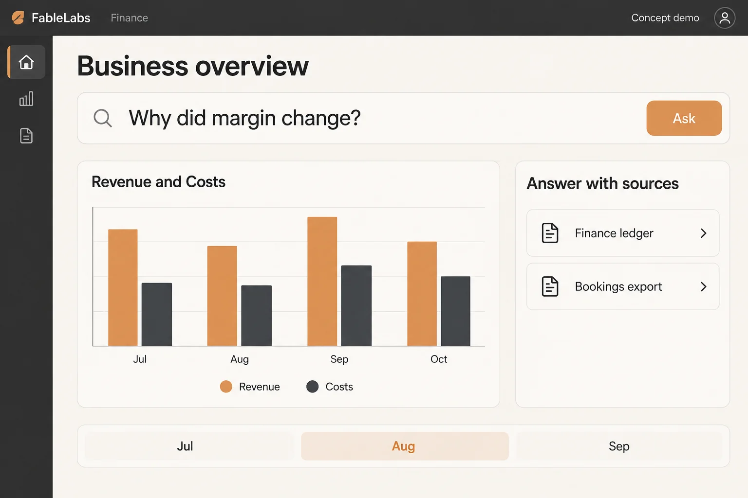 Workspace concept — Ask a business question. See the comparison and inspect its sources.