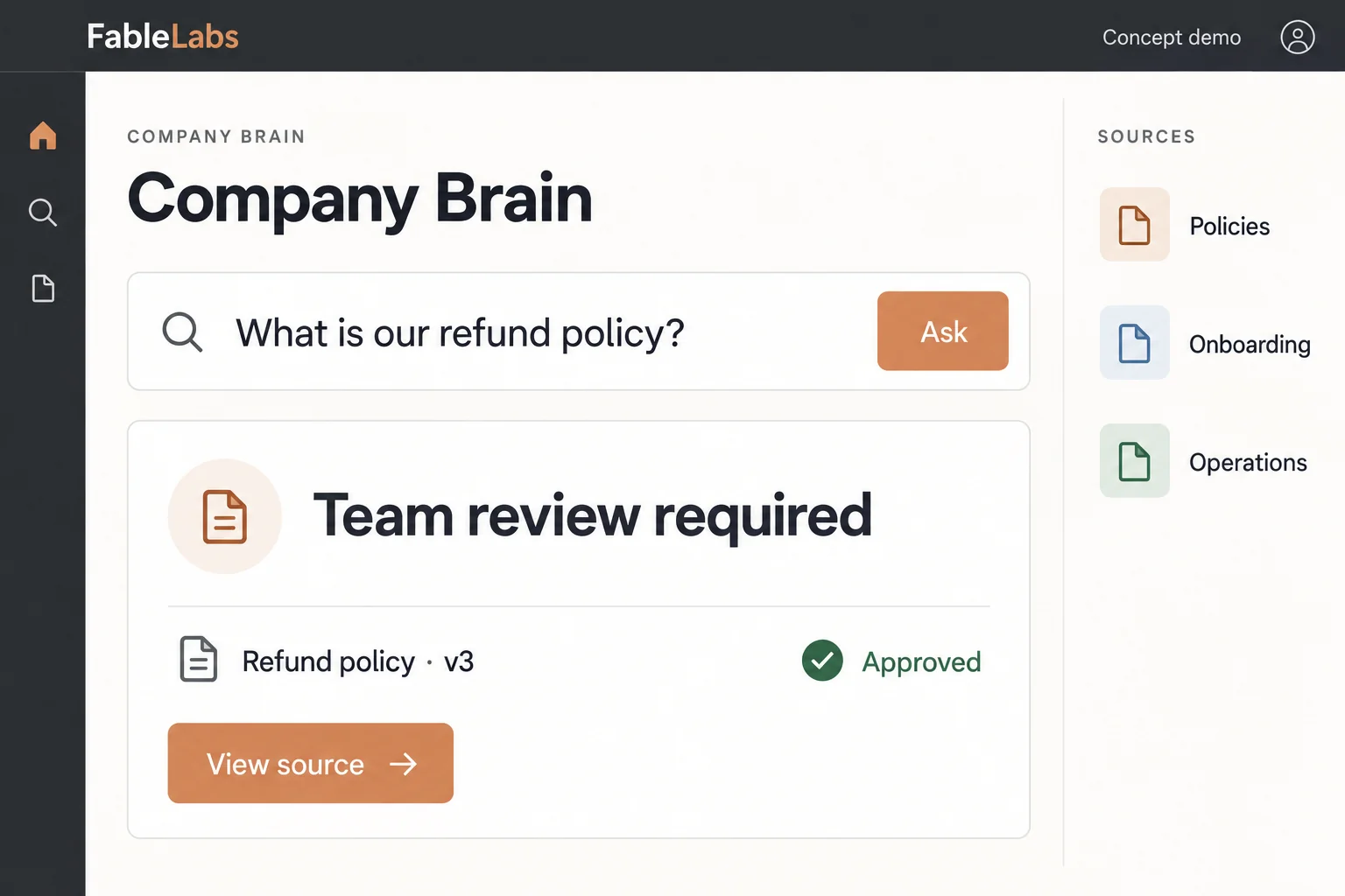 Workspace concept — A clear answer, the approved document and a person responsible for it.