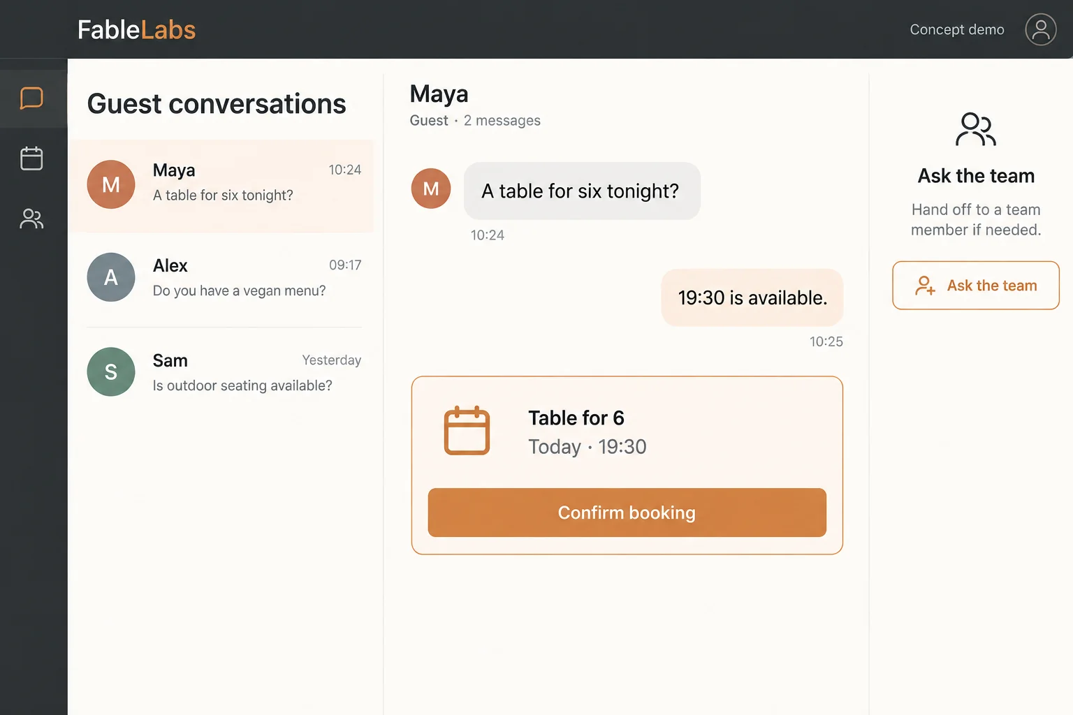 Workspace concept — A guest asks. Your team sees the reply, booking and any handoff together.